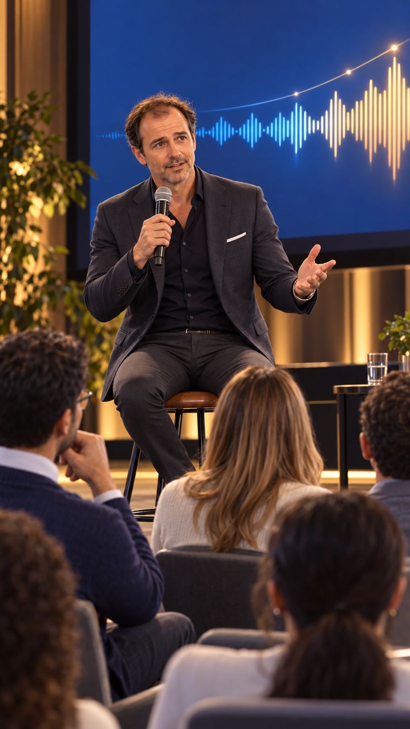 A man speaking with a microphone to an engaged audience