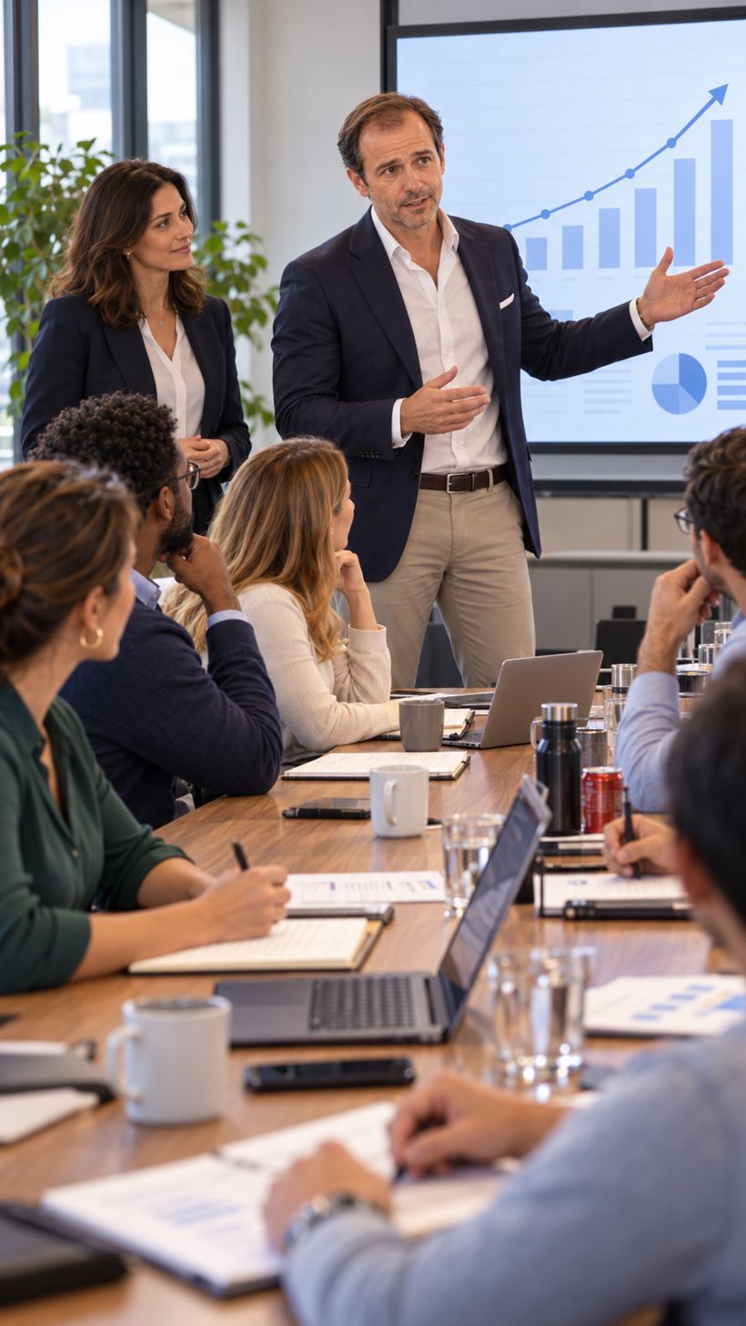 After: the same man standing and presenting his idea to the team